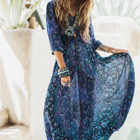 kiss the sky maxi dress Kiss The Sky Yasmin Satin Jacquard Open-Back Halter Maxi Dress